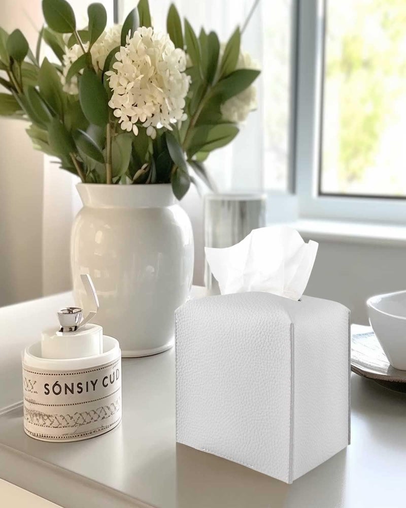 JESMINI Tissues Cube Box Cover Leather – with Bottom Belt [, Light Gray] Decorative Tissue Box Cover for Bathroom Vanity Countertop/Night Stands/Office Desk - Image 4